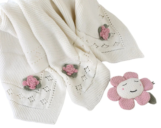 Organic Cotton Flower Blanket & Rattle Gift Set