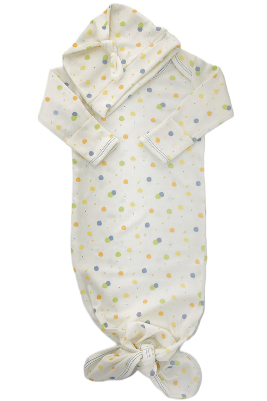 Organic Cotton Knotted Gown & Beanie Set 'Blue Dots'